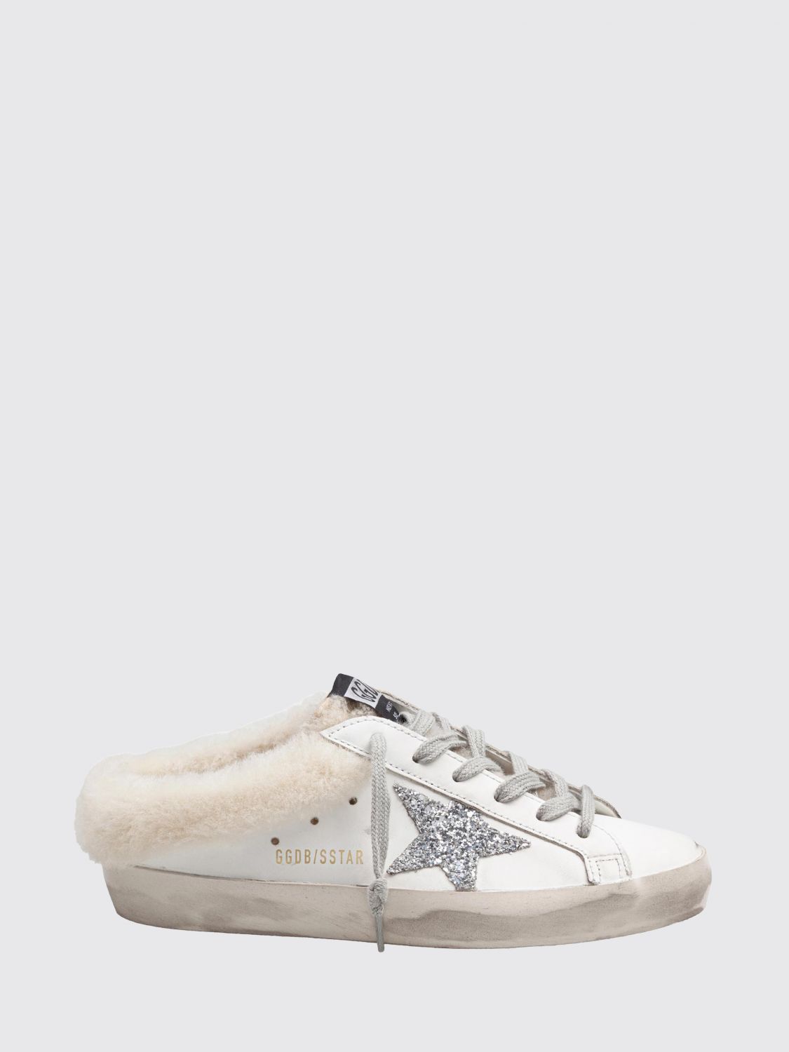 leather super-star sabot sneakers with distressed effect and glitter logo