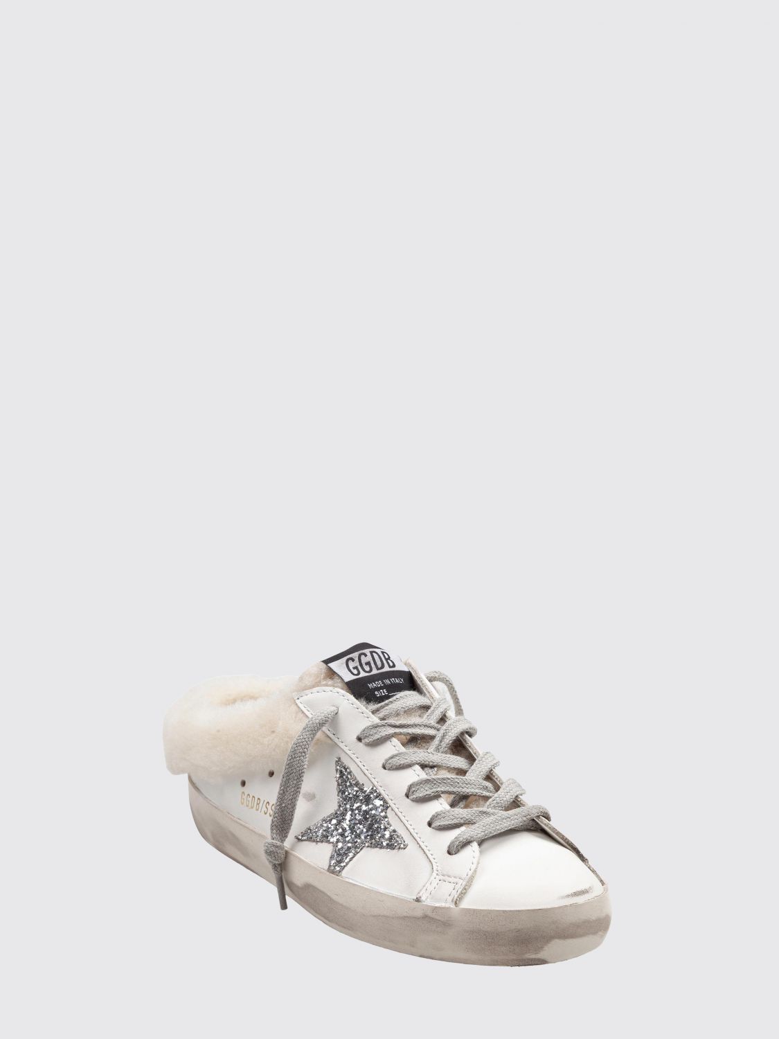 leather super-star sabot sneakers with distressed effect and glitter logo