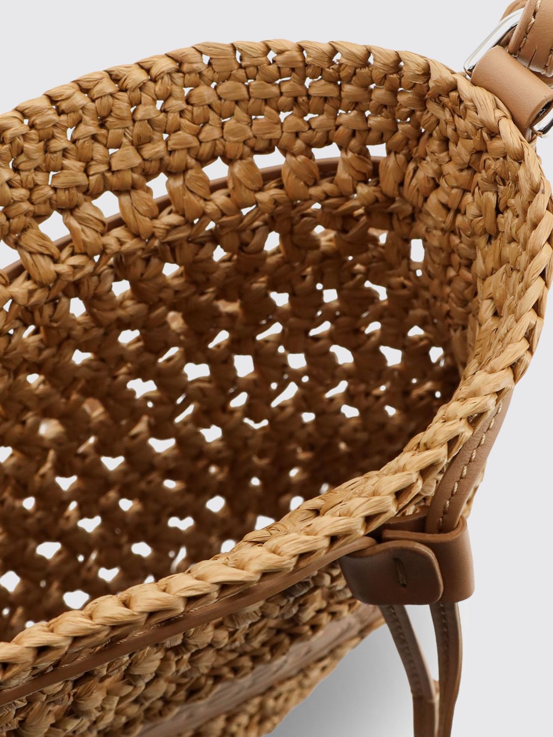 mini crochet raffia bucket bag with leather details