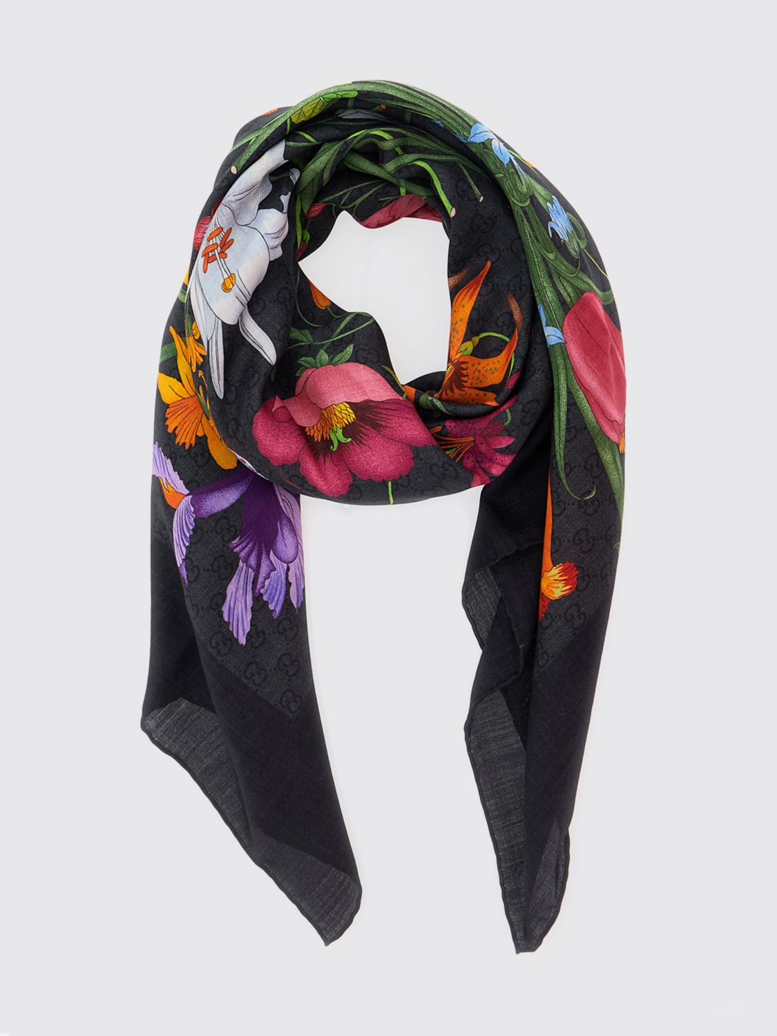 square wool and silk blend foulard with gg jacquard and floral print
