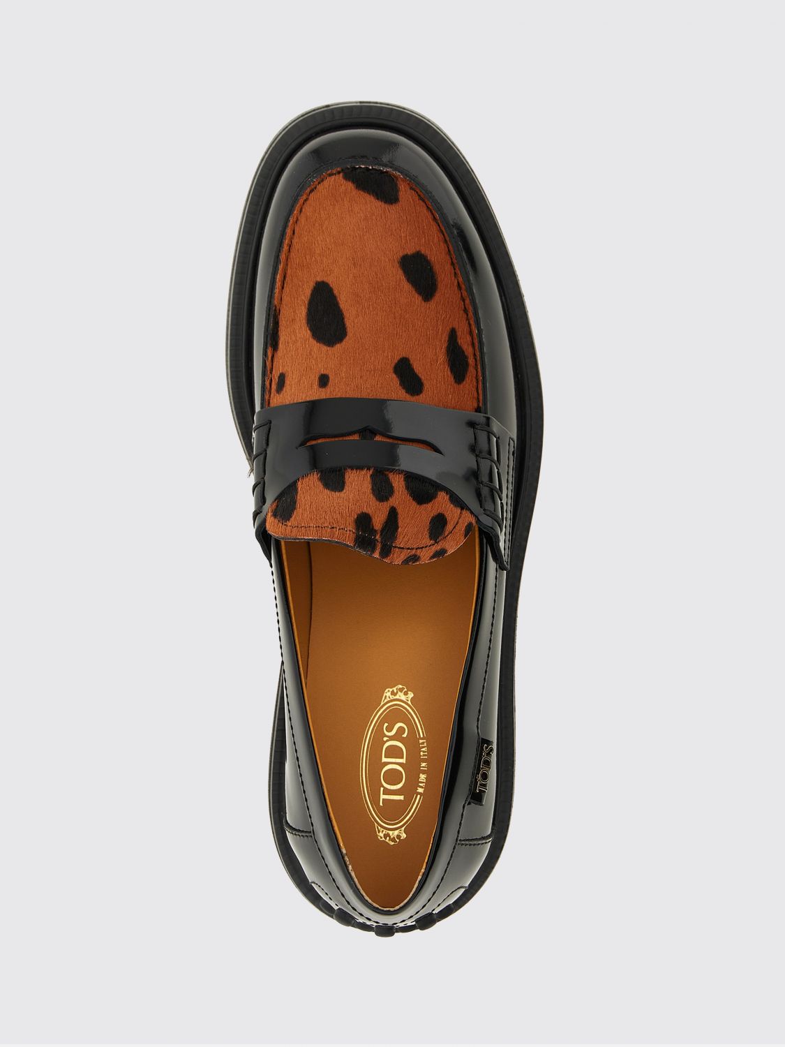 penny loafers in brushed leather and animalier pony hair