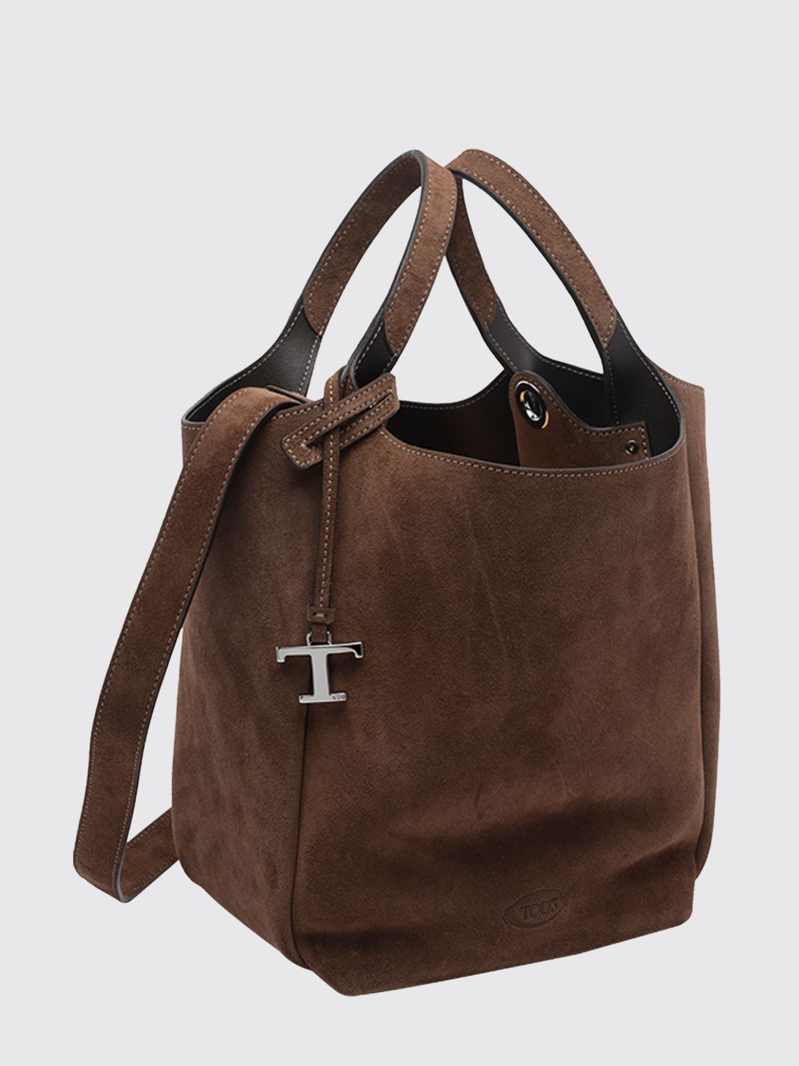 suede calfskin leather bucket bag with double handle and charm