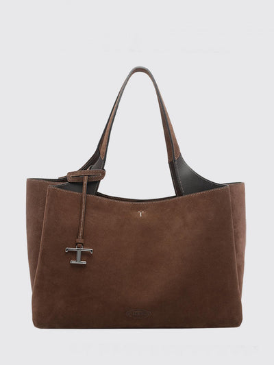 suede leather shoulder bag with double handle and t timeless logo