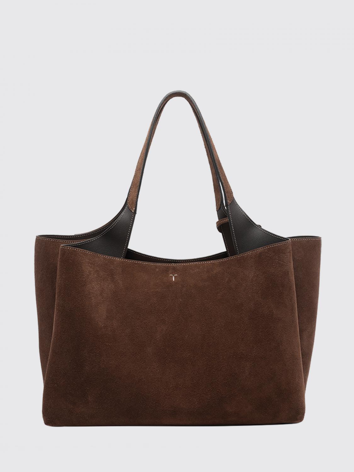 suede leather shoulder bag with double handle and t timeless logo