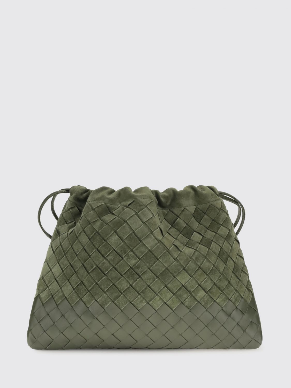 intrecciato woven calf leather bucket clutch with drawstring closure