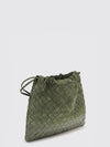 intrecciato woven calf leather bucket clutch with drawstring closure