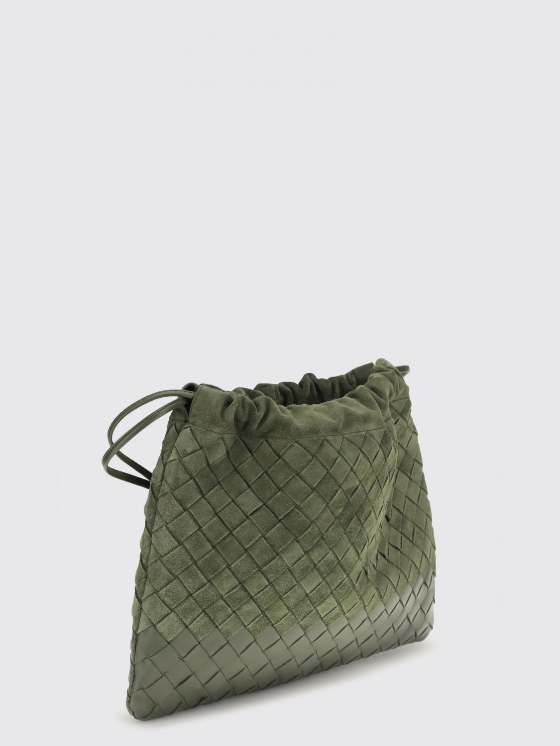intrecciato woven calf leather bucket clutch with drawstring closure