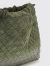 intrecciato woven calf leather bucket clutch with drawstring closure