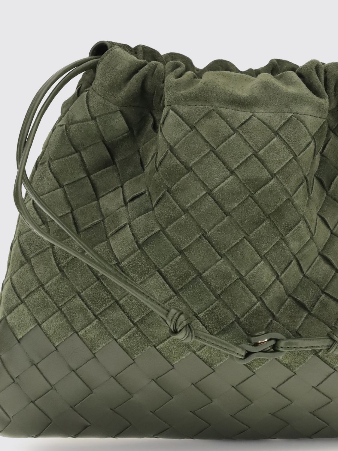 intrecciato woven calf leather bucket clutch with drawstring closure