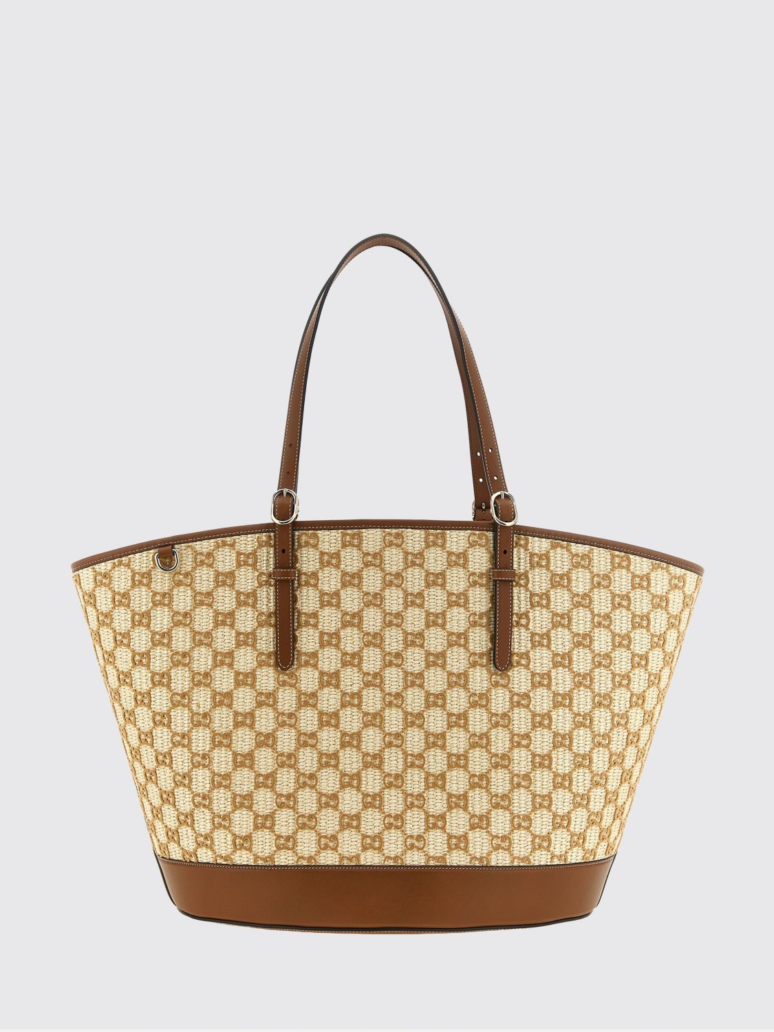 large raffia tote bag with flocked gg monogram and double handles