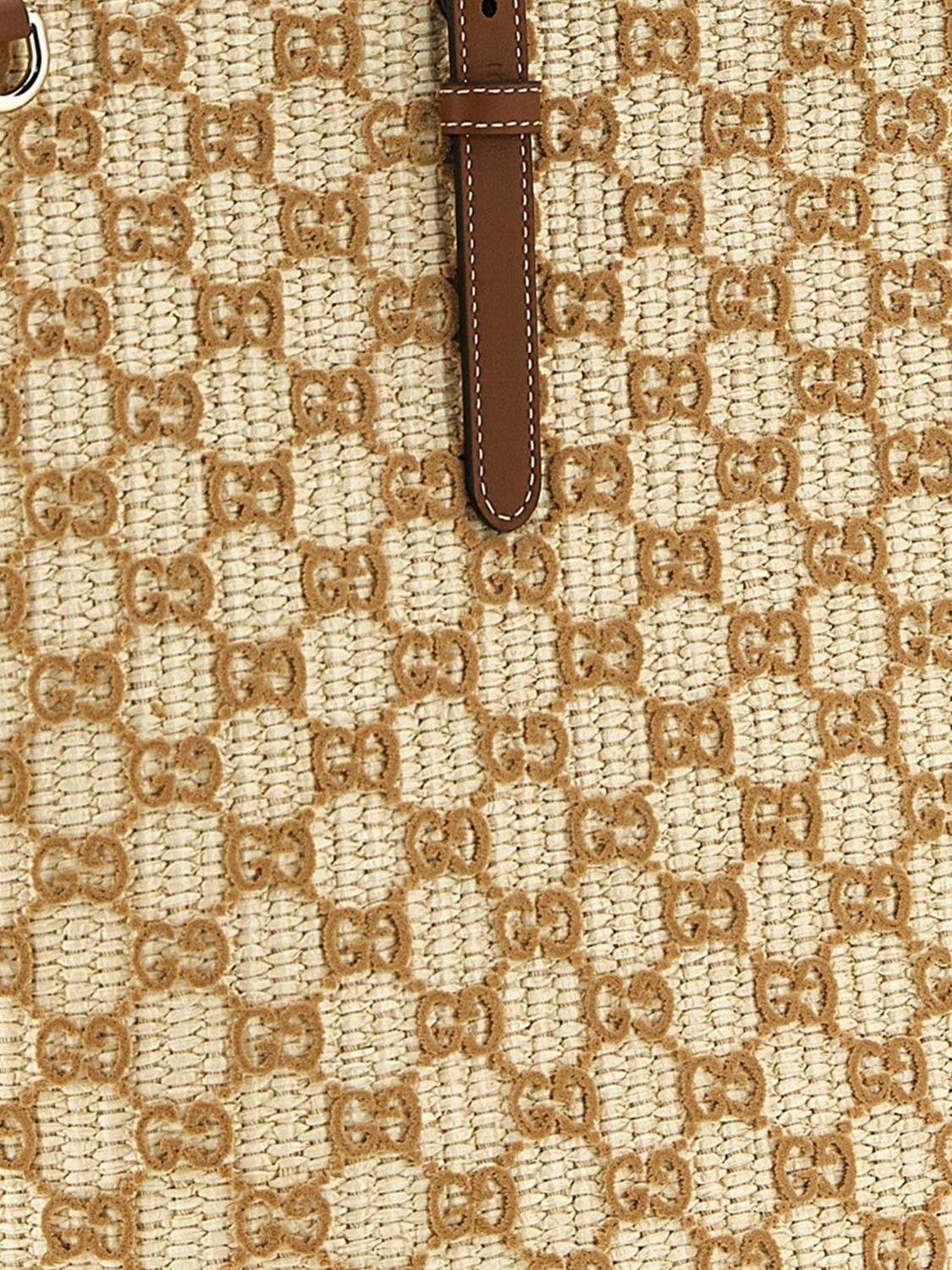 large raffia tote bag with flocked gg monogram and double handles