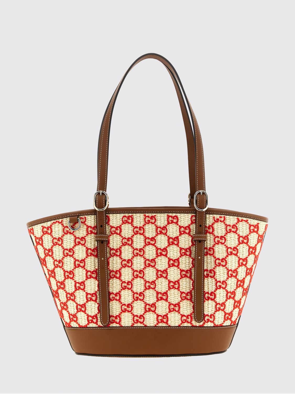 raffia shoulder bag with embroidered gg monogram and double handles
