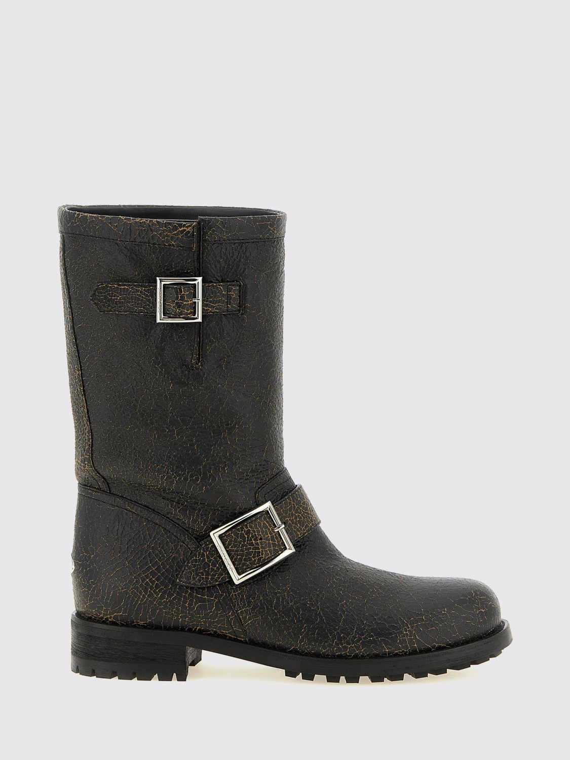 cracked leather biker boots with buckles and lug sole