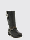 cracked leather biker boots with buckles and lug sole
