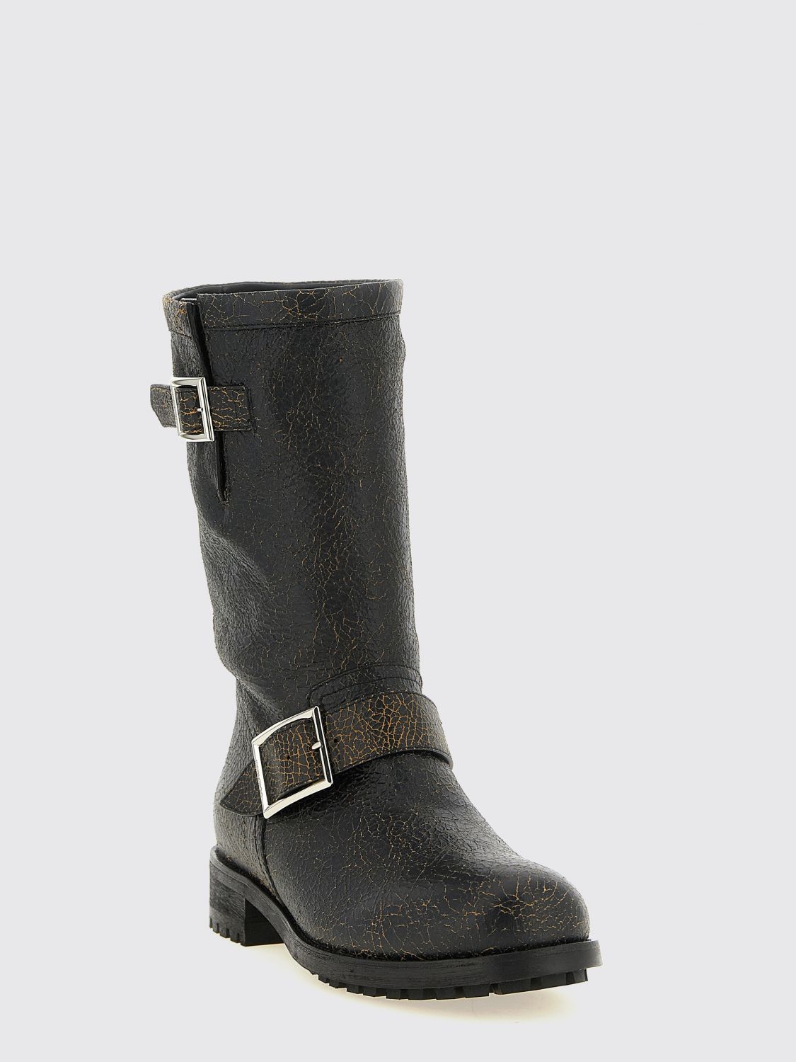 cracked leather biker boots with buckles and lug sole