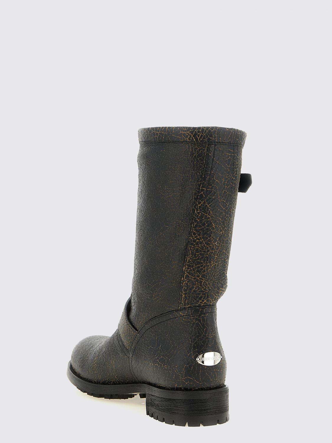 cracked leather biker boots with buckles and lug sole