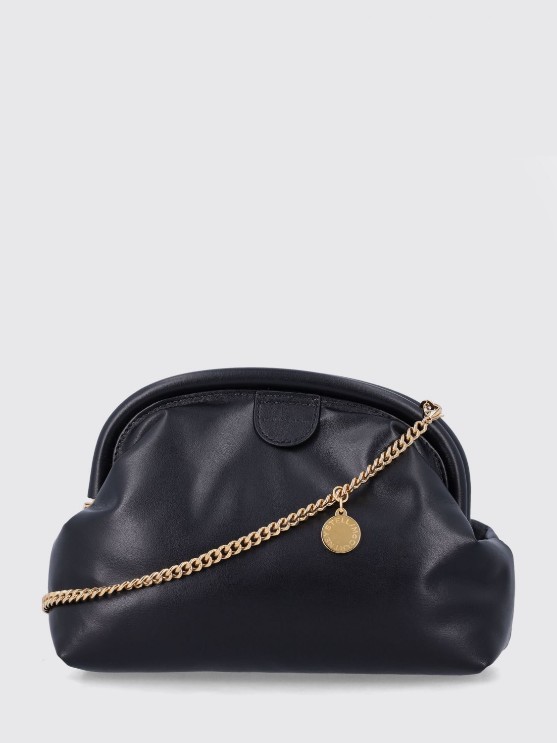 falabella faux leather hand clutch with chain strap