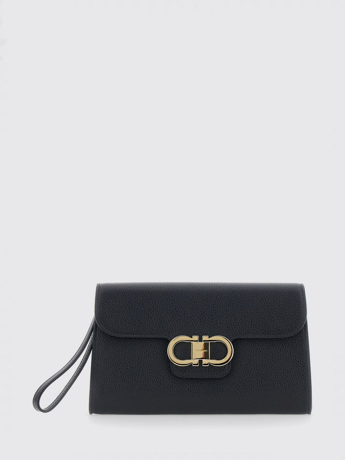 FERRAGAMO OS gancini pouch in grained calfskin with wrist strap