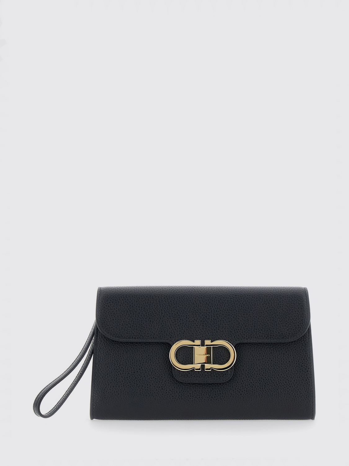 gancini pouch in grained calfskin with wrist strap