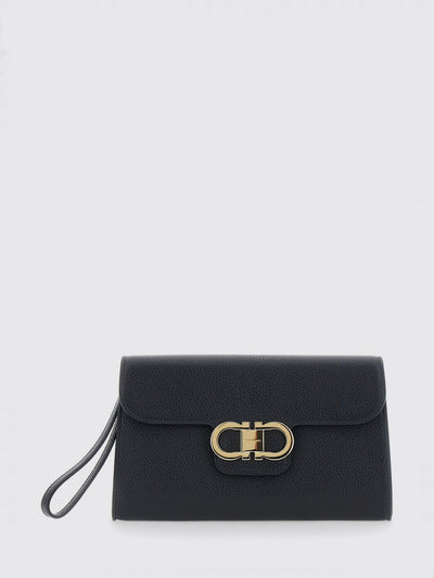gancini pouch in grained calfskin with wrist strap