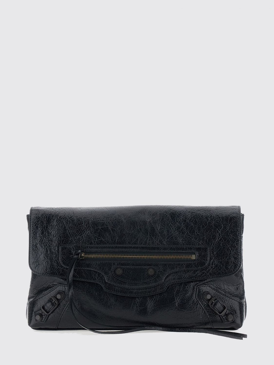 BALENCIAGA OS le city clutch in black arena lambskin leather with applied studs