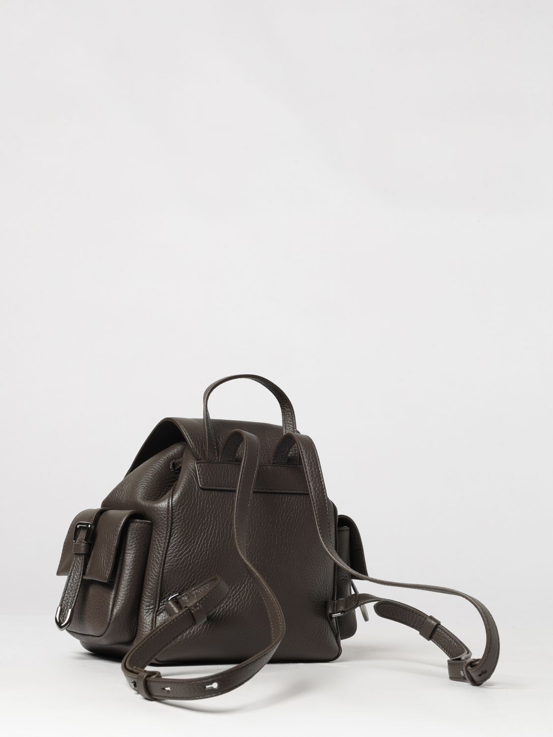 utility backpack in grained leather with snap closure