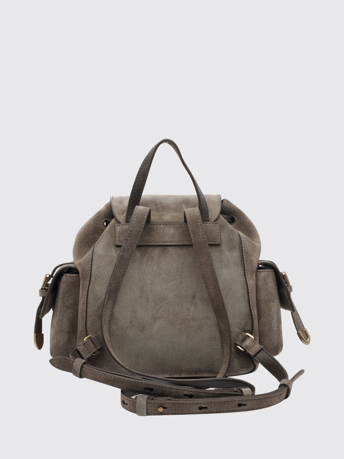 small suede backpack with drawstring closure and monili