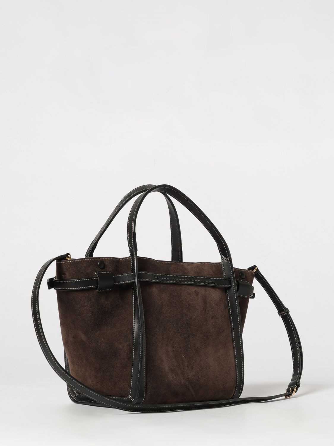 t timeless handbag in suede leather with metal t timeless logo