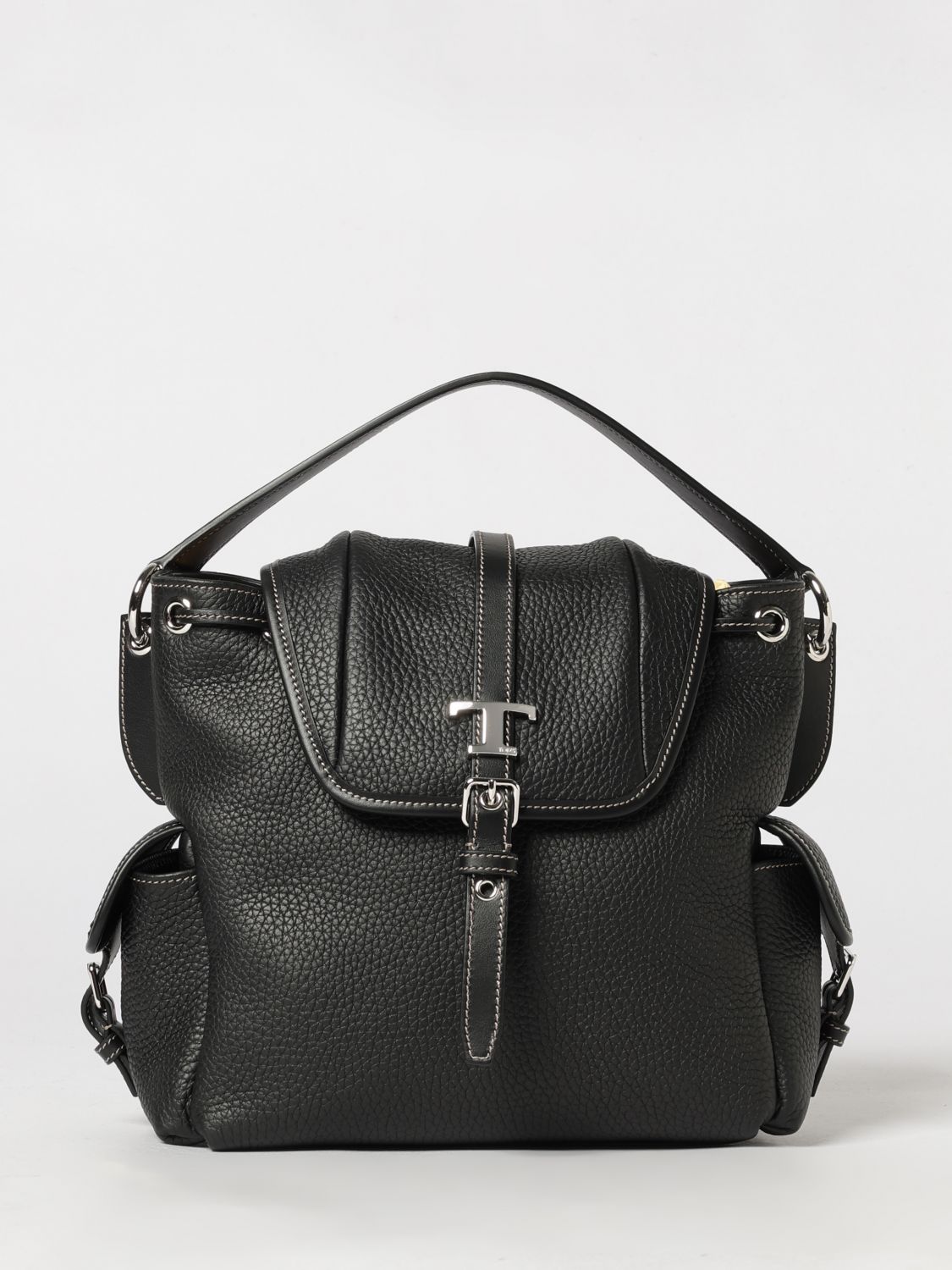 backpack in black hammered leather with drawstring and t timeless logo
