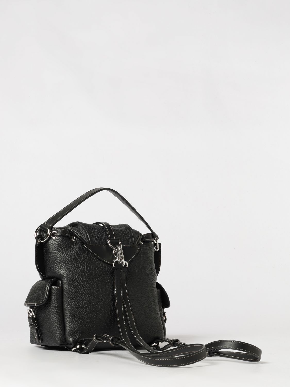 backpack in black hammered leather with drawstring and t timeless logo