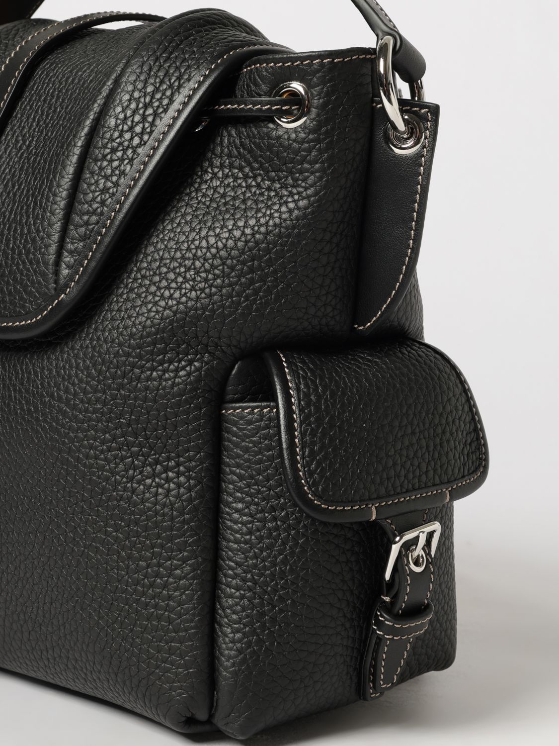 backpack in black hammered leather with drawstring and t timeless logo