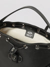 backpack in black hammered leather with drawstring and t timeless logo
