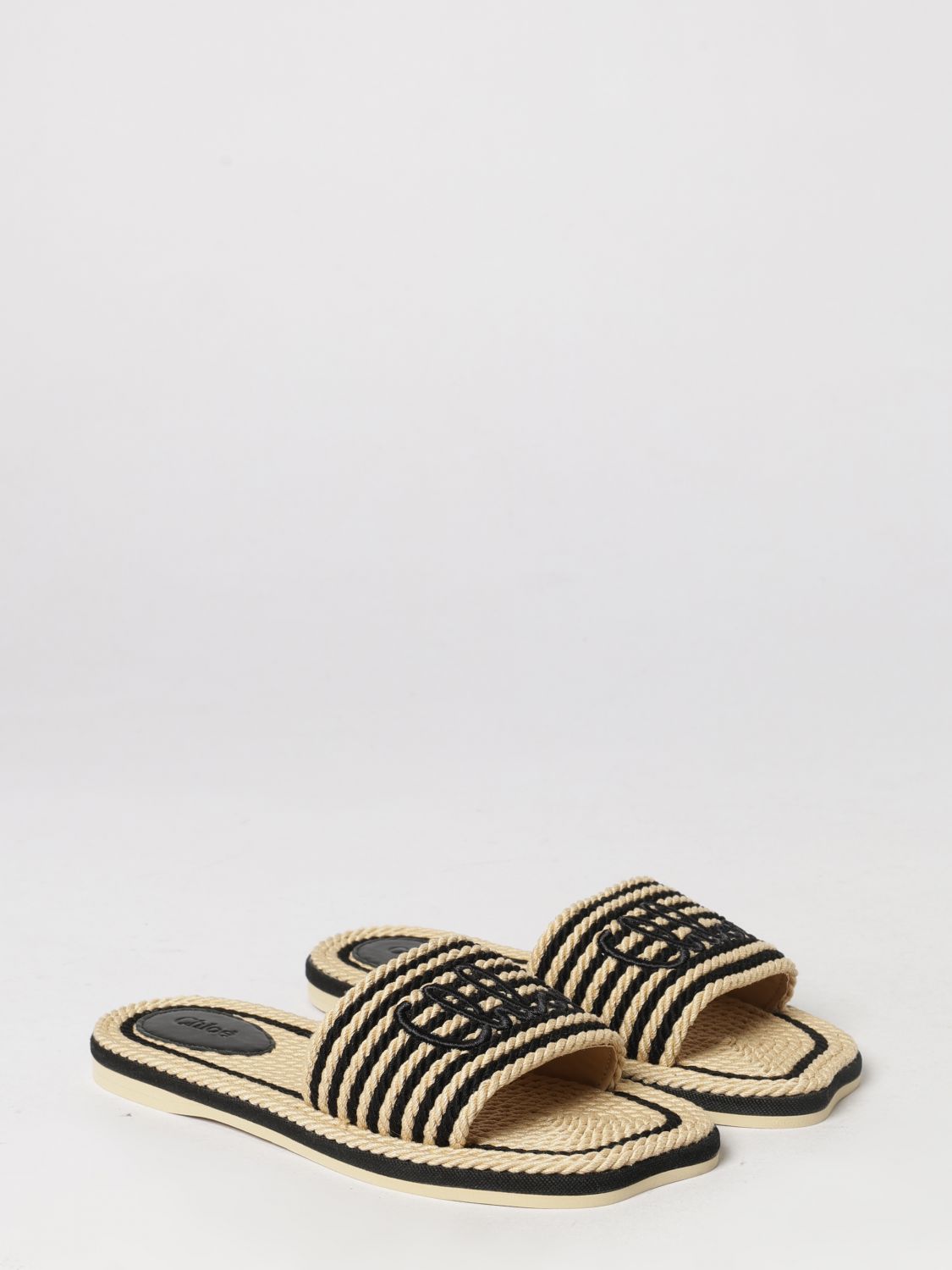 chloé sand striped cotton slide sandals with low heel and logo