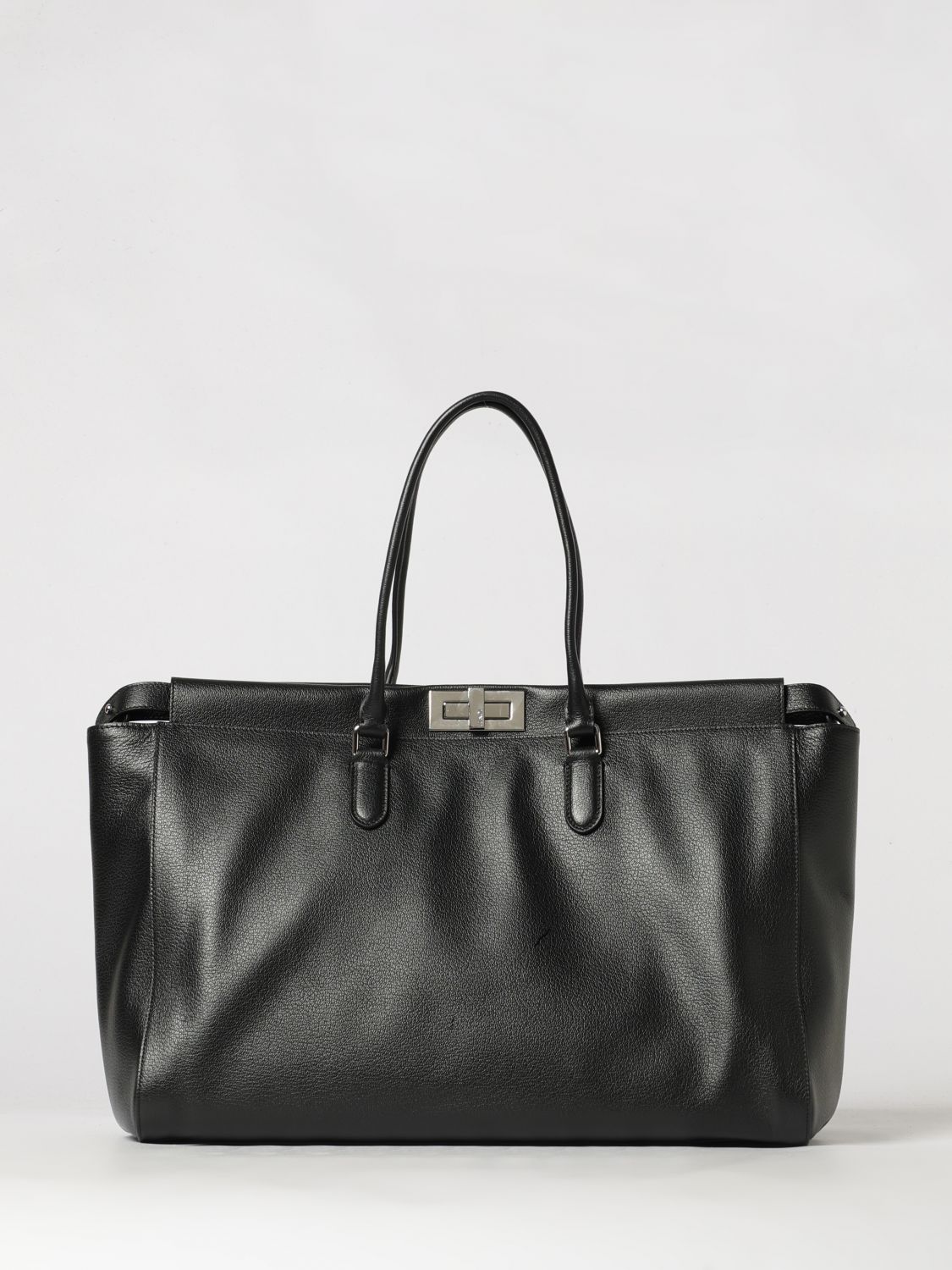 large peekaboo grained calfskin tote bag with twist-lock closure