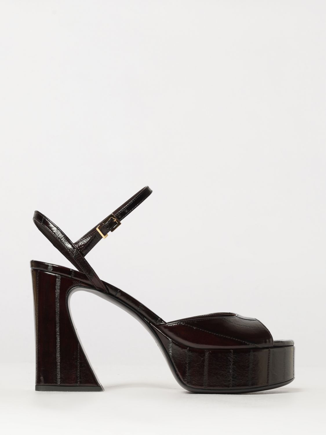 high-heeled eel leather platform sandals with an ankle strap