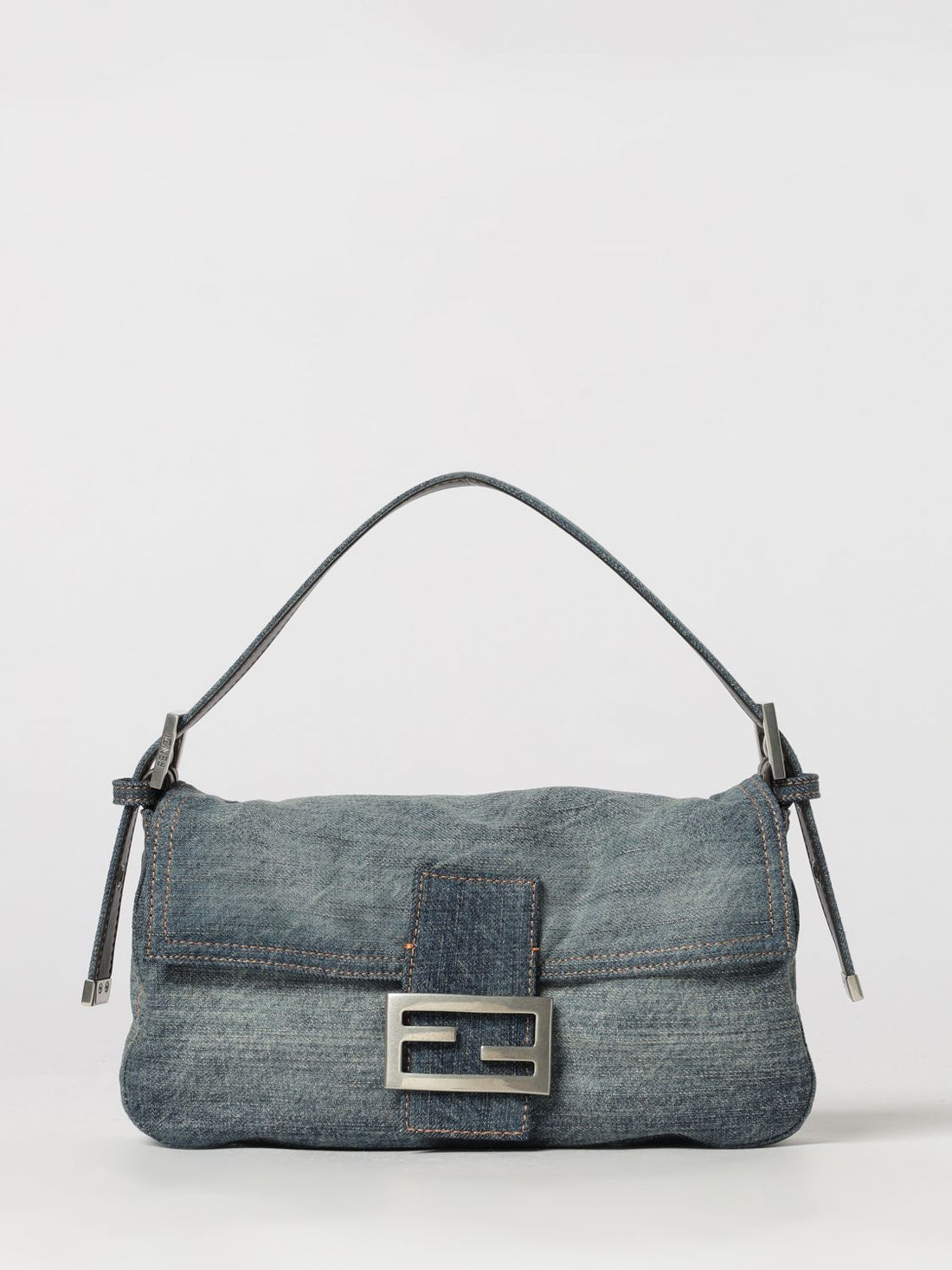 FENDI OS baguette blue cotton denim shoulder bag with ff monogram