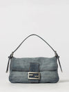 baguette blue cotton denim shoulder bag with ff monogram