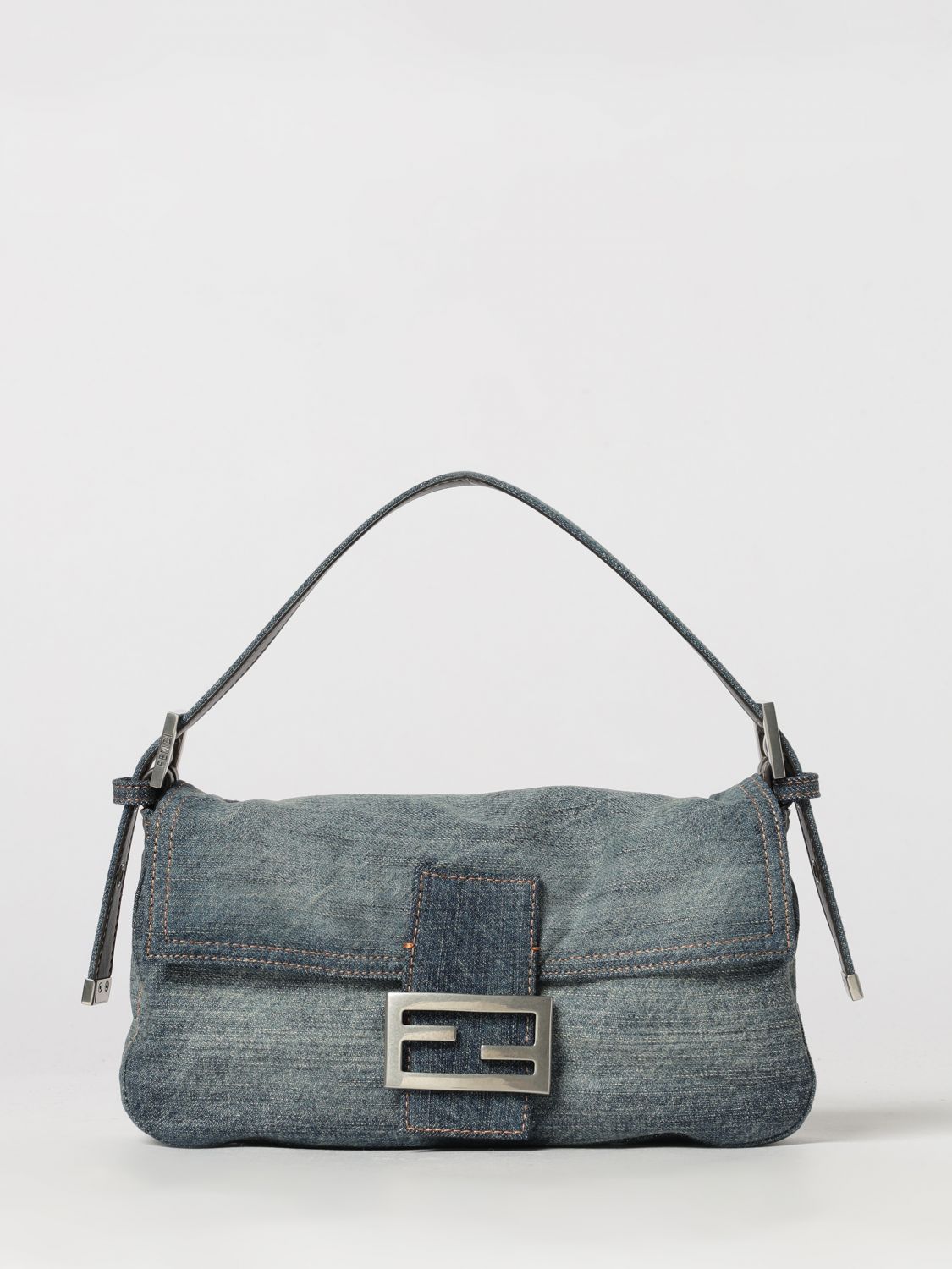baguette blue cotton denim shoulder bag with ff monogram