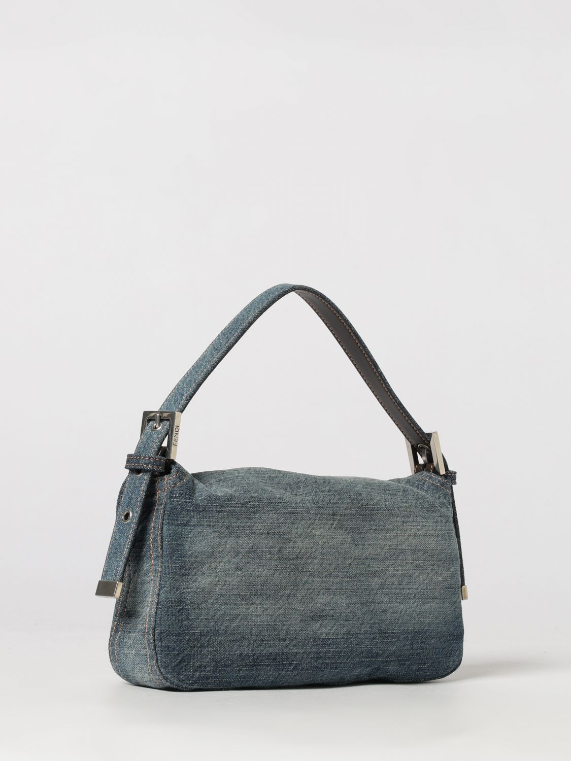 baguette blue cotton denim shoulder bag with ff monogram