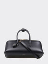 small leather handbag with double tubular handle and logo charm