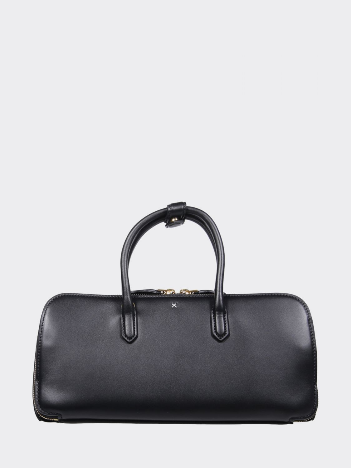 small leather handbag with double tubular handle and logo charm