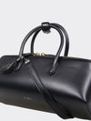 small leather handbag with double tubular handle and logo charm