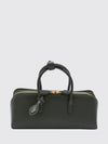 small leather handbag with double tubular handle and logo charm
