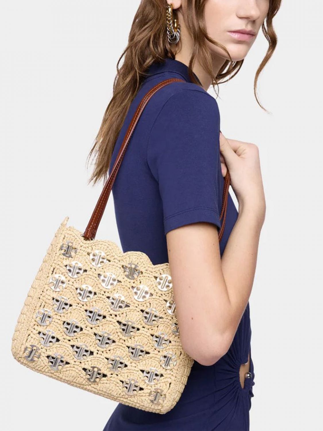 1969 raffia and steel shoulder bag with leather handle