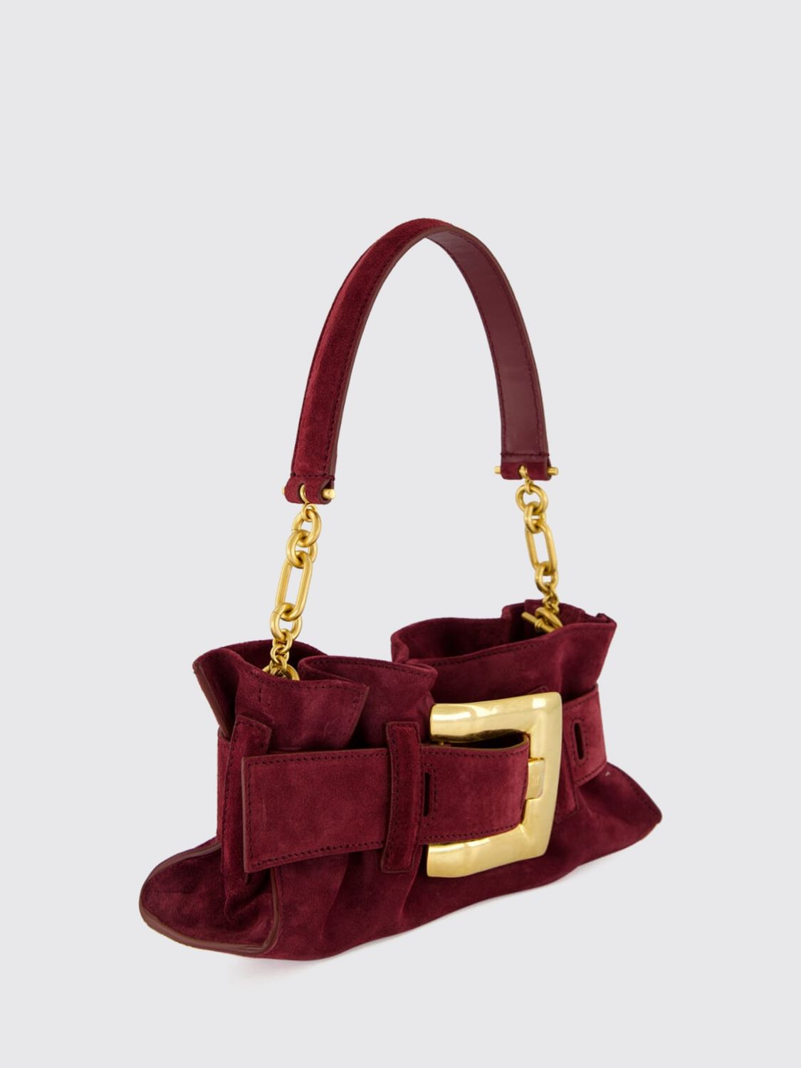 anthem ruched suede shoulder bag with chain handle