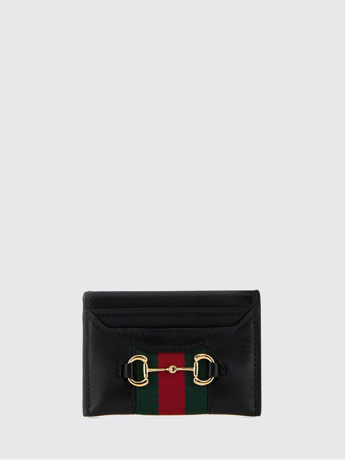 smooth leather card holder with horsebit detail and gold-tone hardware