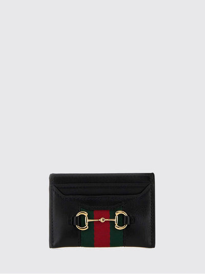 smooth leather card holder with horsebit detail and gold-tone hardware