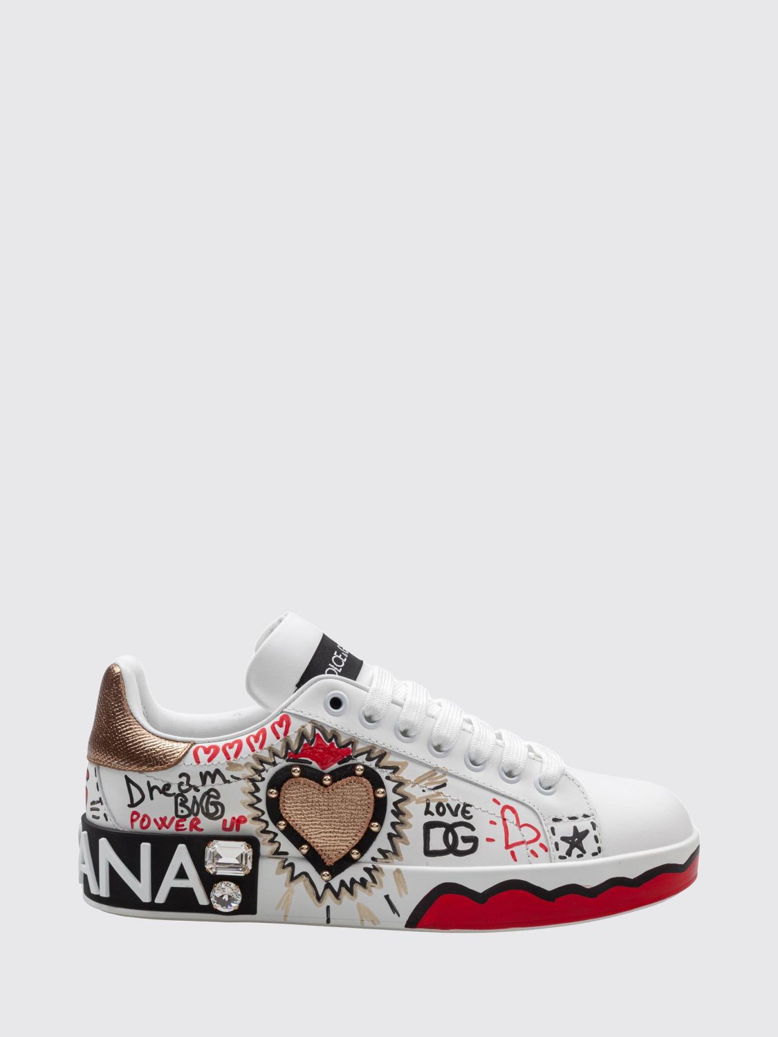 portofino low-top sneakers in calfskin with studs and rhinestones