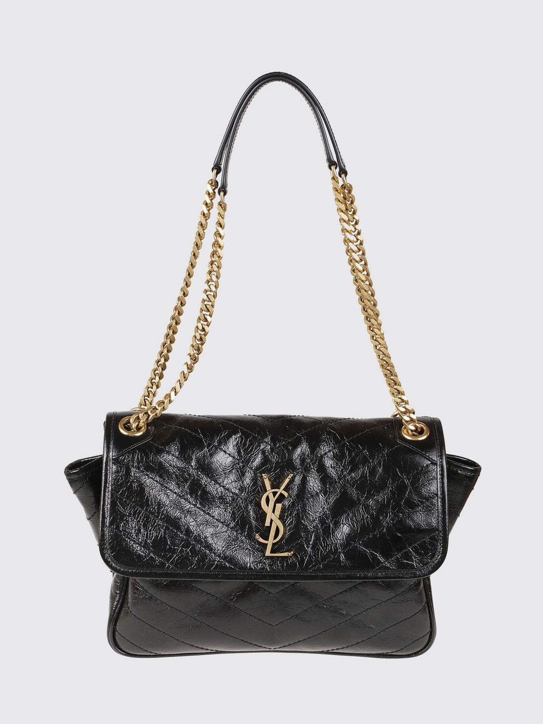 SAINT LAURENT OS quilted crinkled leather shoulder bag with ysl monogram