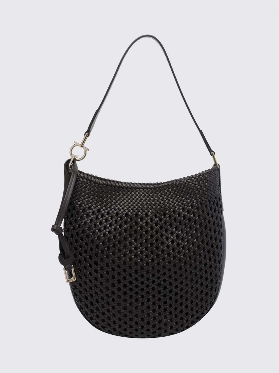 medium hobo bag in woven calfskin with logo shoulder strap